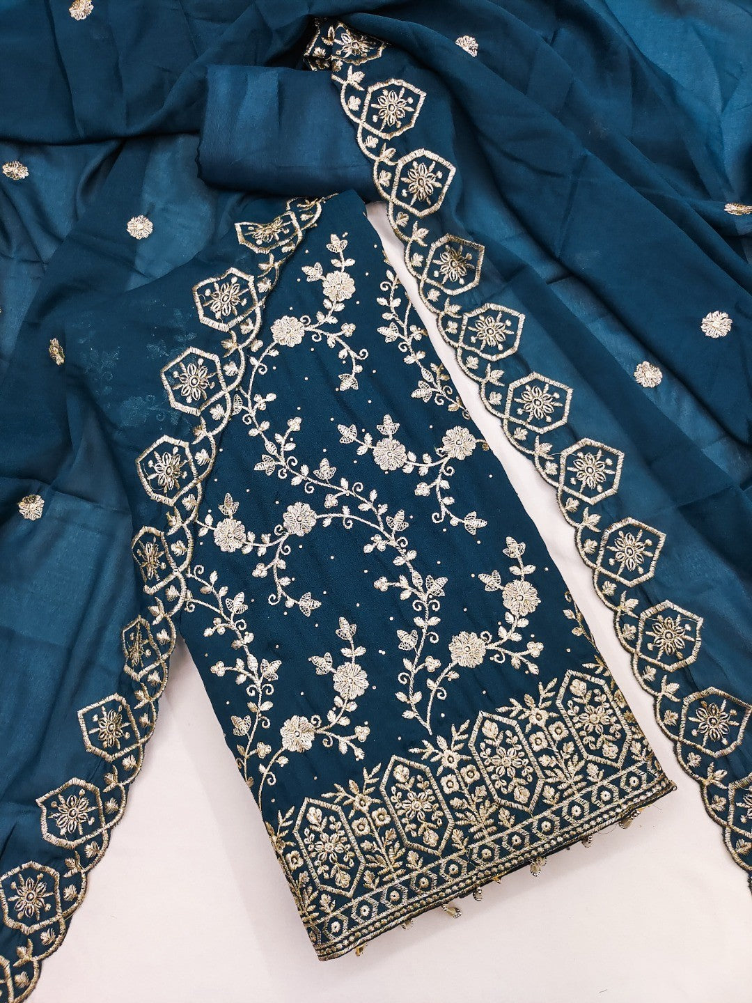 Teal Floral Thread Embroidered Georgette Dress Material with Detailed Floral Embroidery - Image 2