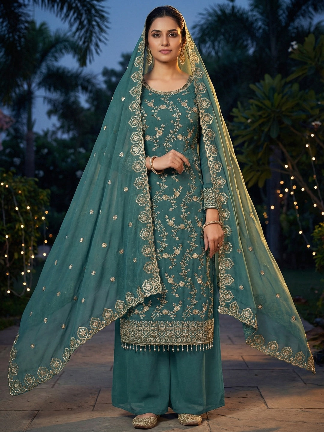 Sea Green Floral Thread Embroidered Georgette Dress Material with Detailed Floral Embroidery - Image 1