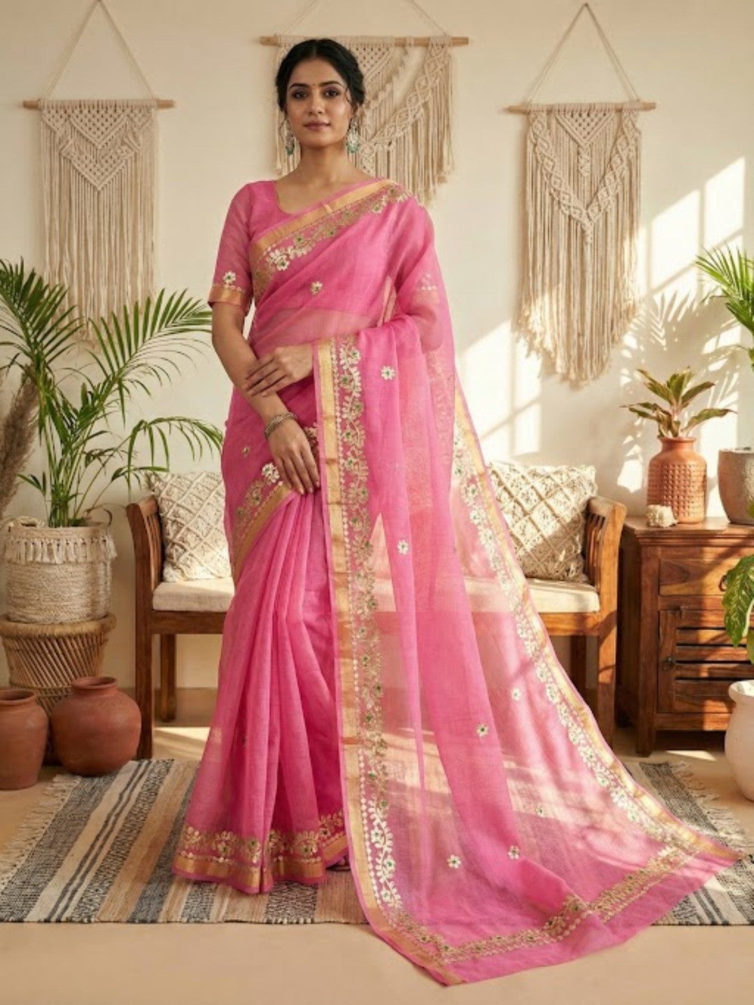 Graceful Pink Kota Doria Saree Adorned With Delicate Floral Gota Patti & Zari Weaving Border - Image 1
