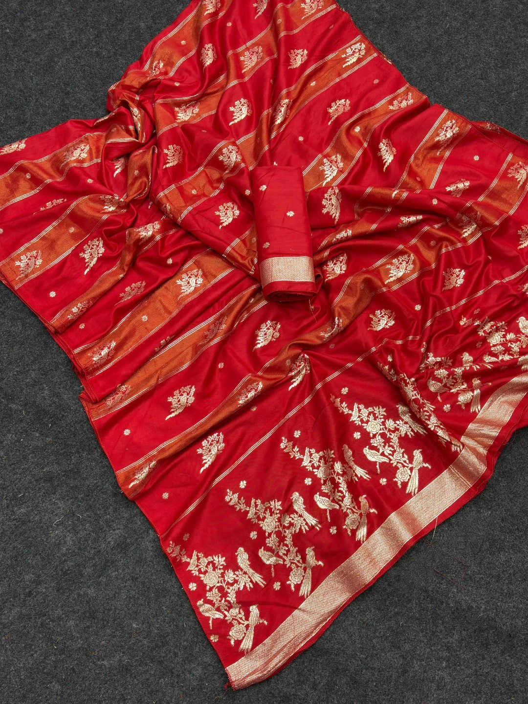 Classic Red Zari Woven Viscose Saree With Graceful Floral & Birds Motif Detailing - Image 2