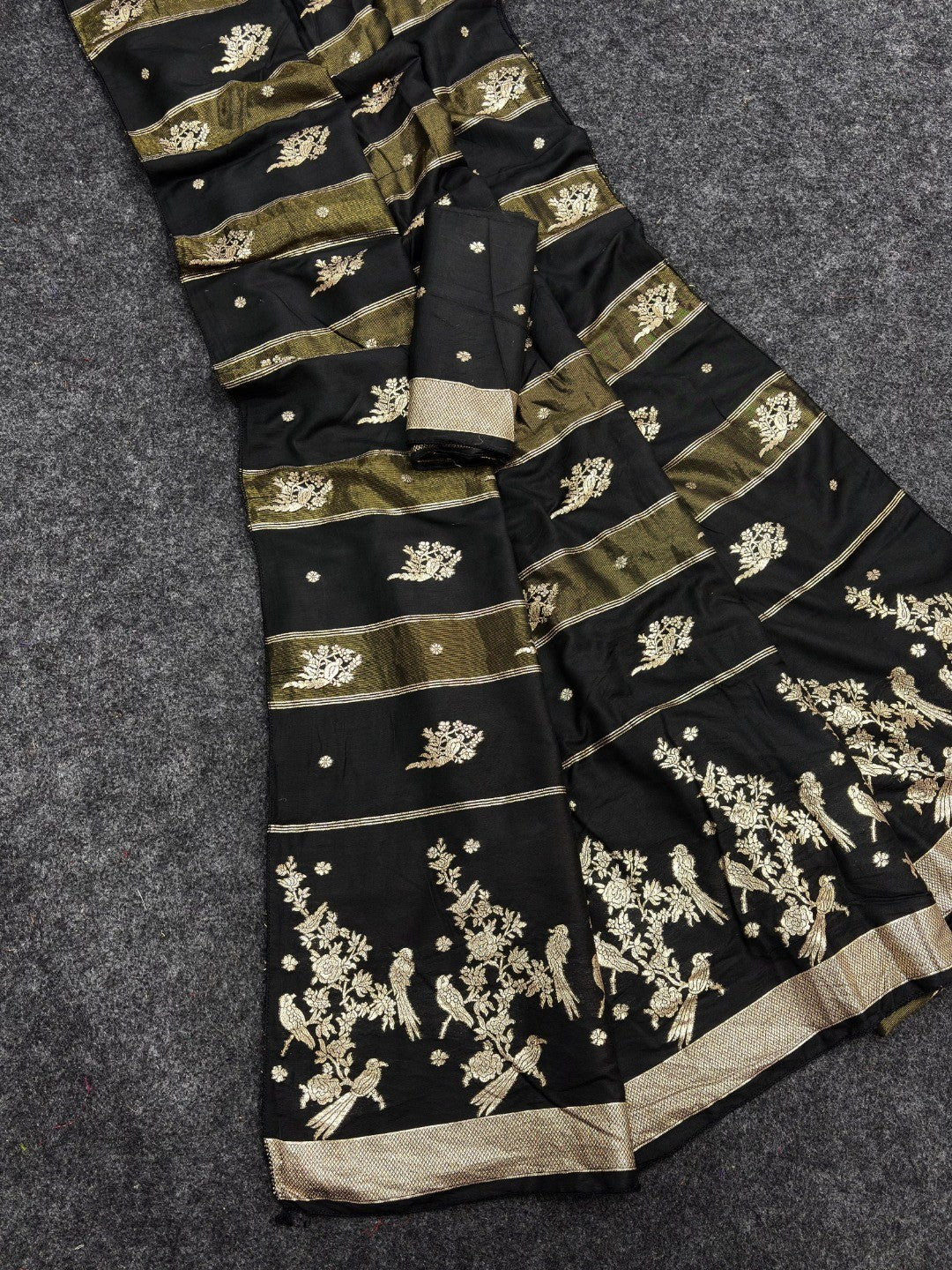 Classic Black Zari Woven Viscose Saree With Graceful Floral & Birds Motif Detailing - Image 1