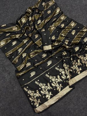 Classic Black Zari Woven Viscose Saree With Graceful Floral & Birds Motif Detailing - Image 2