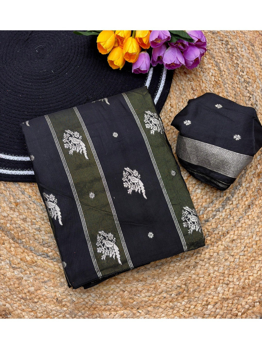 Classic Black Zari Woven Viscose Saree With Graceful Floral & Birds Motif Detailing - Image 3