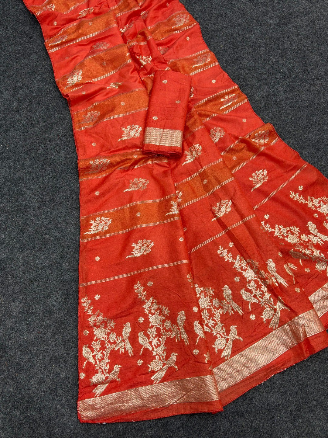 Classic Orange Zari Woven Viscose Saree With Graceful Floral & Birds Motif Detailing - Image 1