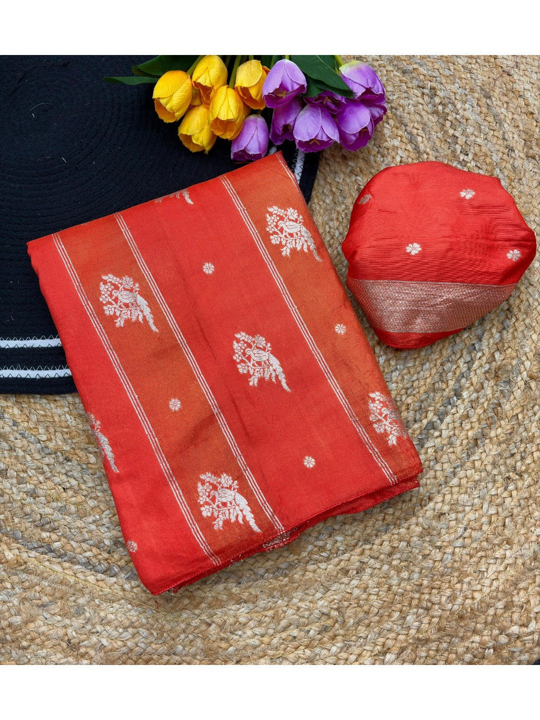 Classic Orange Zari Woven Viscose Saree With Graceful Floral & Birds Motif Detailing - Image 3