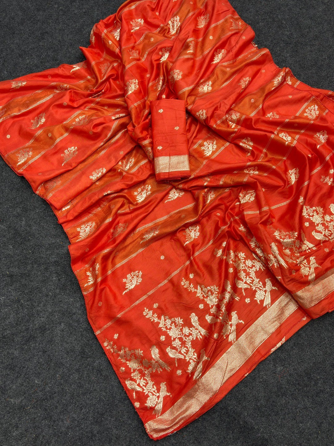 Classic Orange Zari Woven Viscose Saree With Graceful Floral & Birds Motif Detailing - Image 2