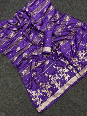 Classic Purple Zari Woven Viscose Saree With Graceful Floral & Birds Motif Detailing - Image 2