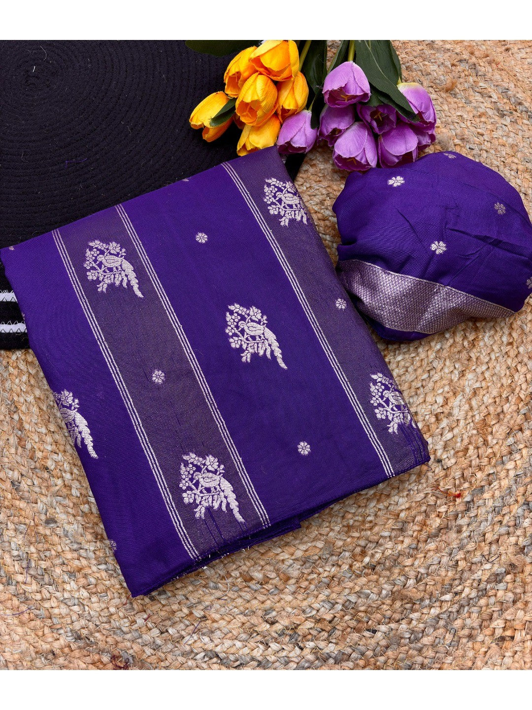 Classic Purple Zari Woven Viscose Saree With Graceful Floral & Birds Motif Detailing - Image 2