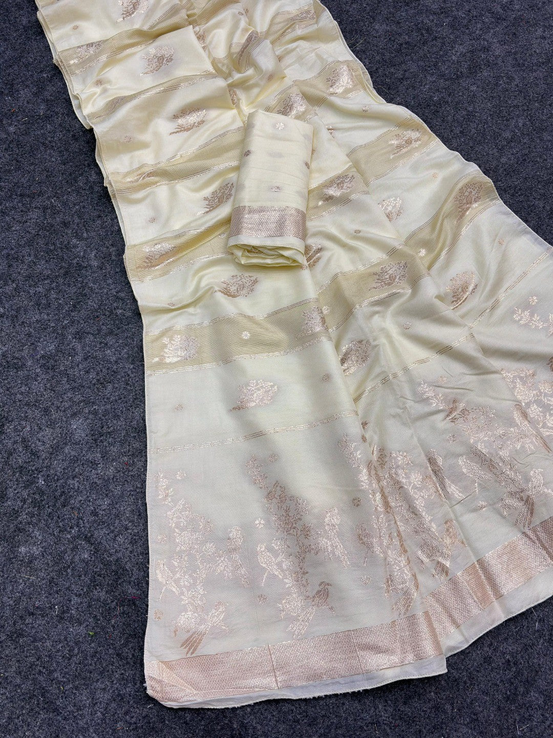 Classic Cream Zari Woven Viscose Saree With Graceful Floral & Birds Motif Detailing - Image 1