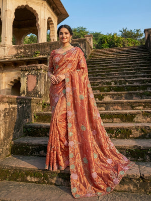 Rust Shimmer Saree with Floral Embroidery and Fine Thread Detailing - Image 1