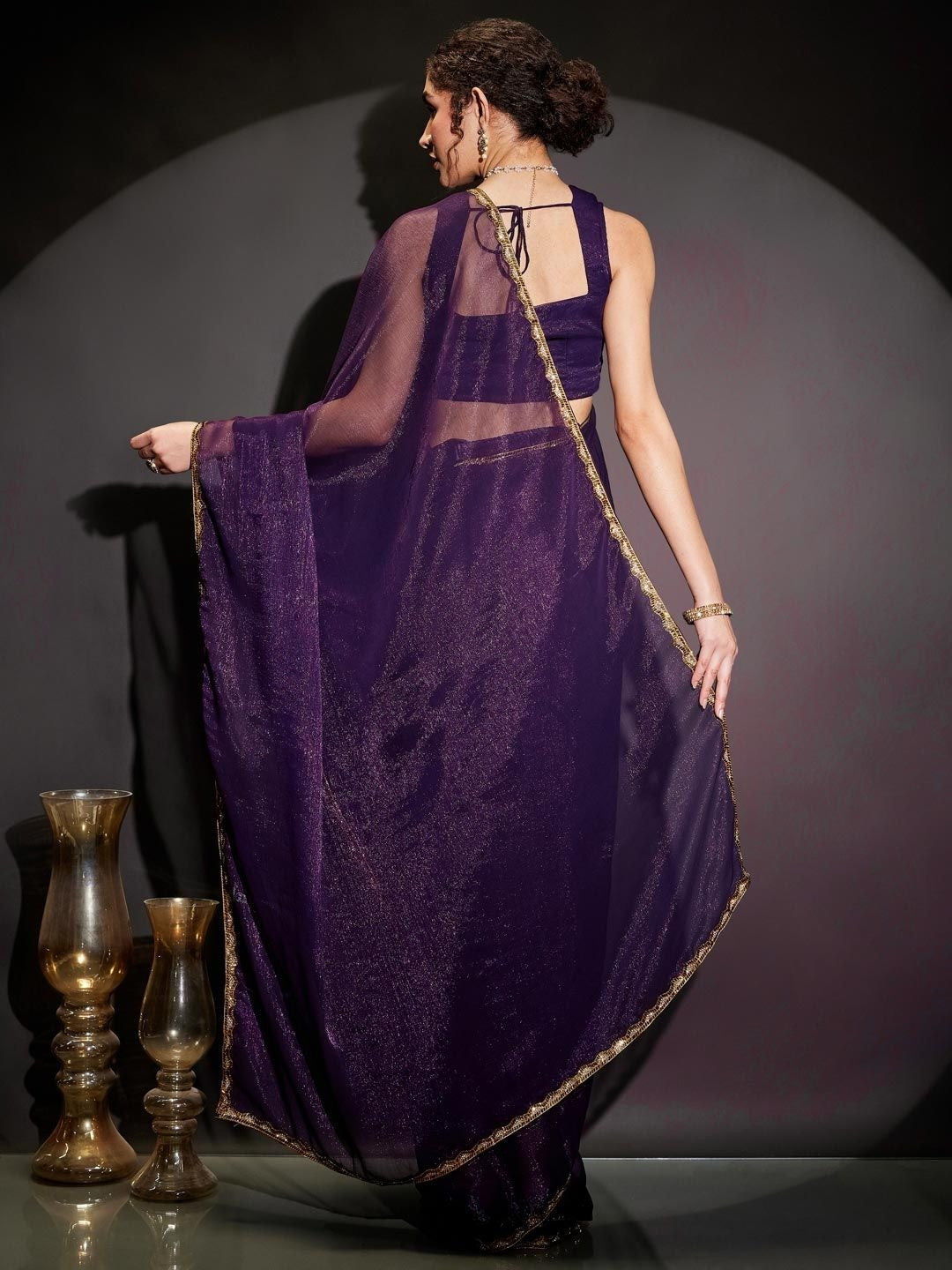 Purple Shimmer Solid Saree with Delicate Border Detailing - Image 4