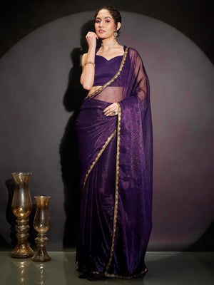 Purple Shimmer Solid Saree with Delicate Border Detailing - Image 2