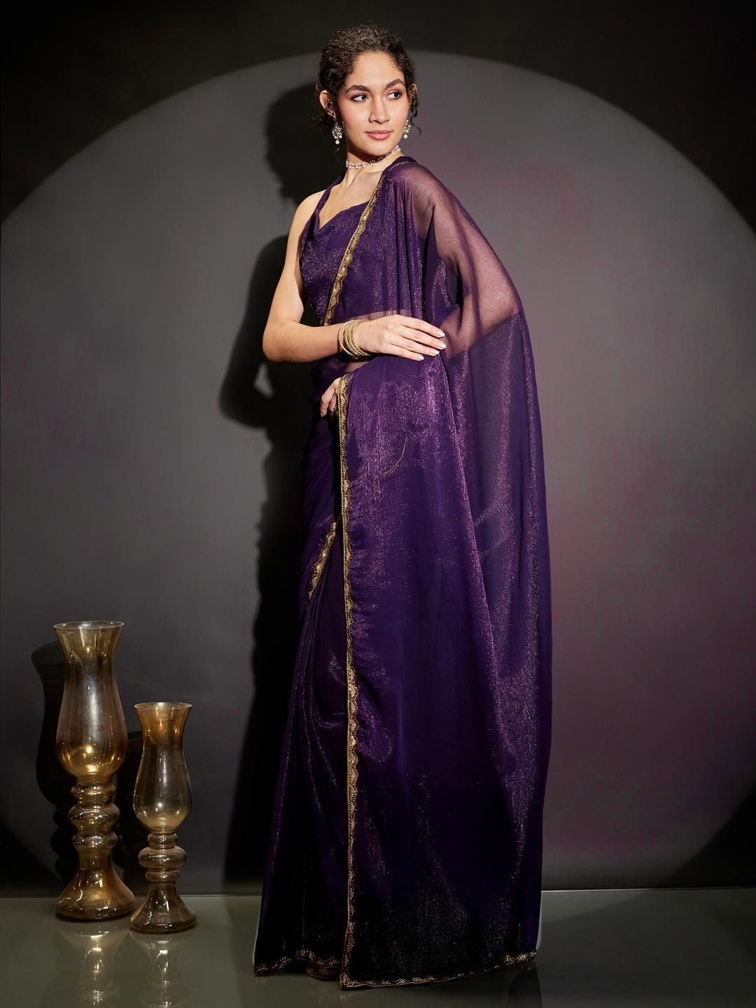 Purple Shimmer Solid Saree with Delicate Border Detailing - Image 2