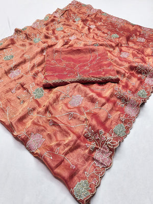 Rust Shimmer Saree with Floral Embroidery and Fine Thread Detailing - Image 2