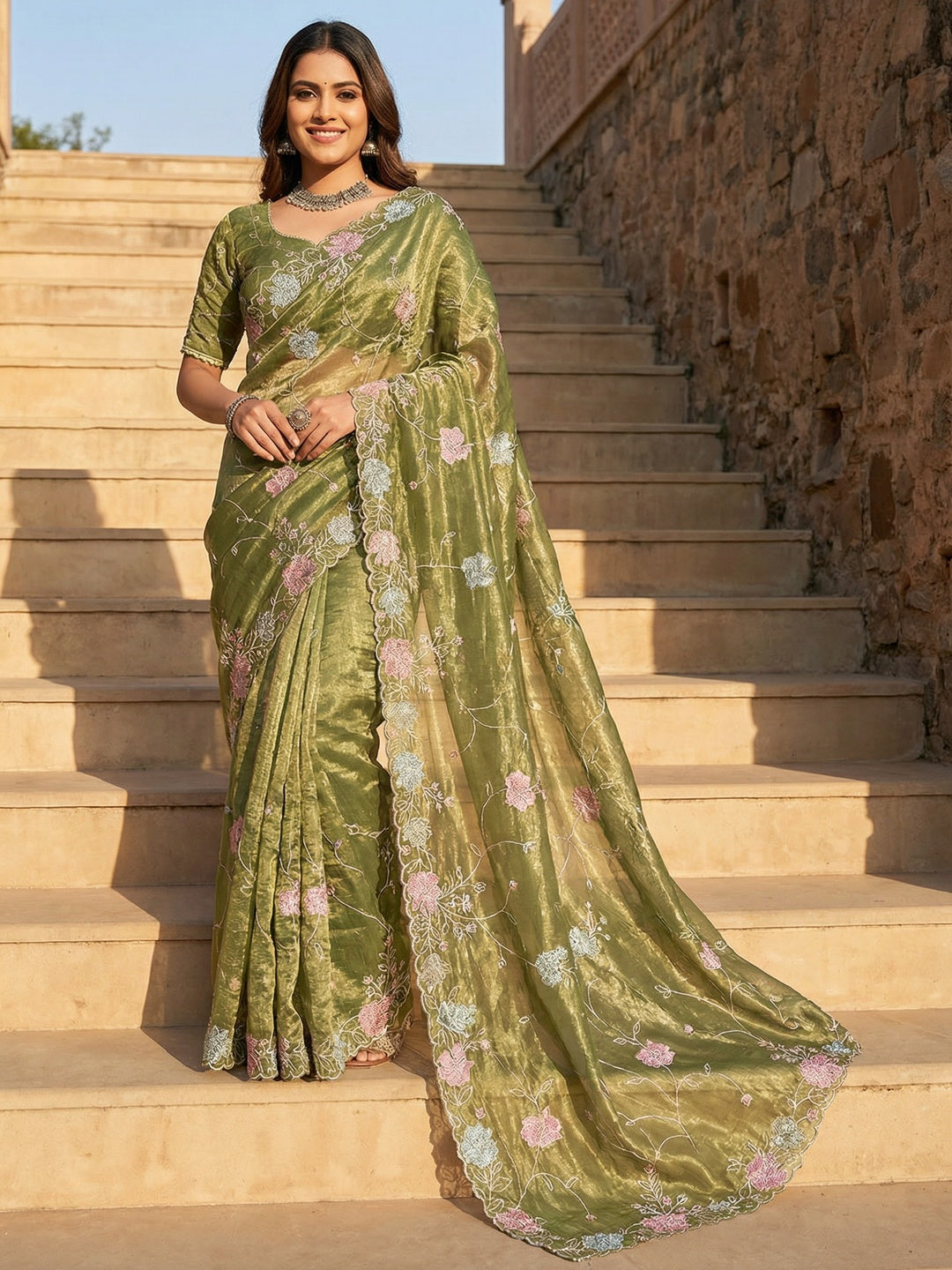 Green Shimmer Saree with Floral Embroidery and Fine Thread Detailing - Image 1