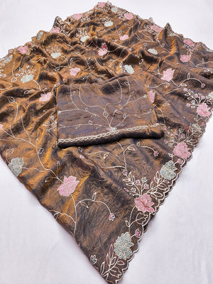 Brown Shimmer Saree with Floral Embroidery and Fine Thread Detailing - Image 2