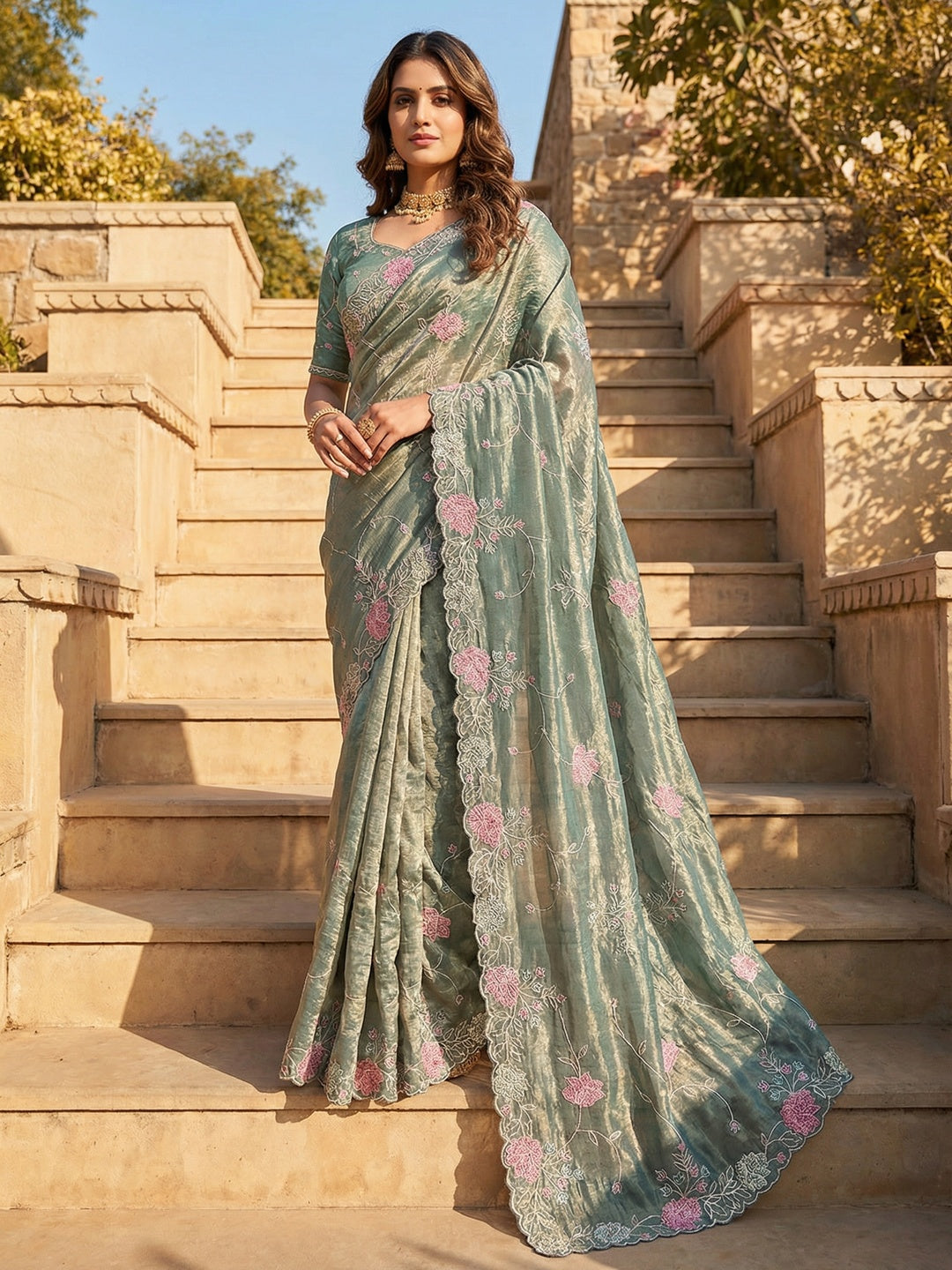 Sage Green Shimmer Saree with Floral Embroidery and Fine Thread Detailing - Image 1