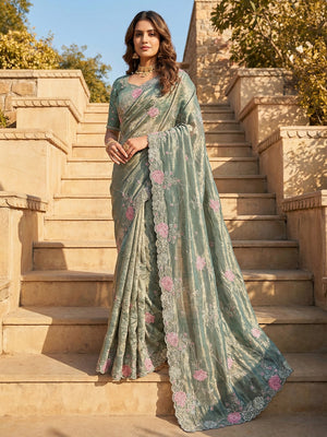 Sage Green Shimmer Saree with Floral Embroidery and Fine Thread Detailing - Image 1