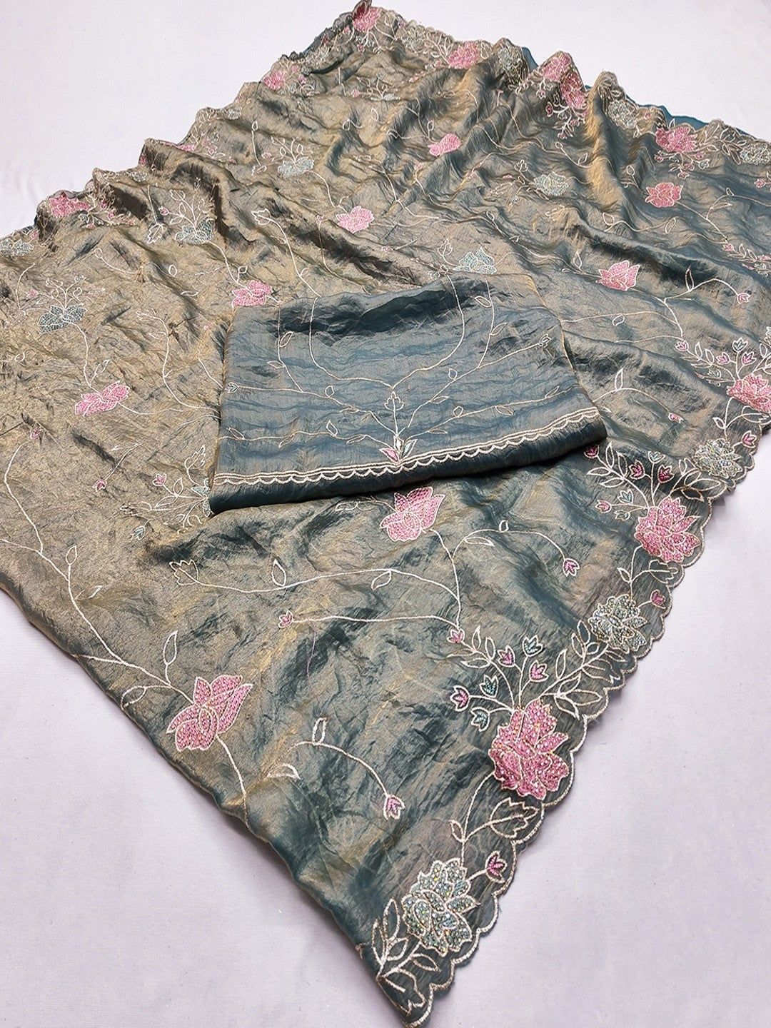 Sage Green Shimmer Saree with Floral Embroidery and Fine Thread Detailing - Image 2