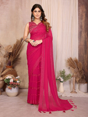 Elegant Pink Zari Striped Weaving Georgette Saree Highlighted With Tassel Pallu - Image 1