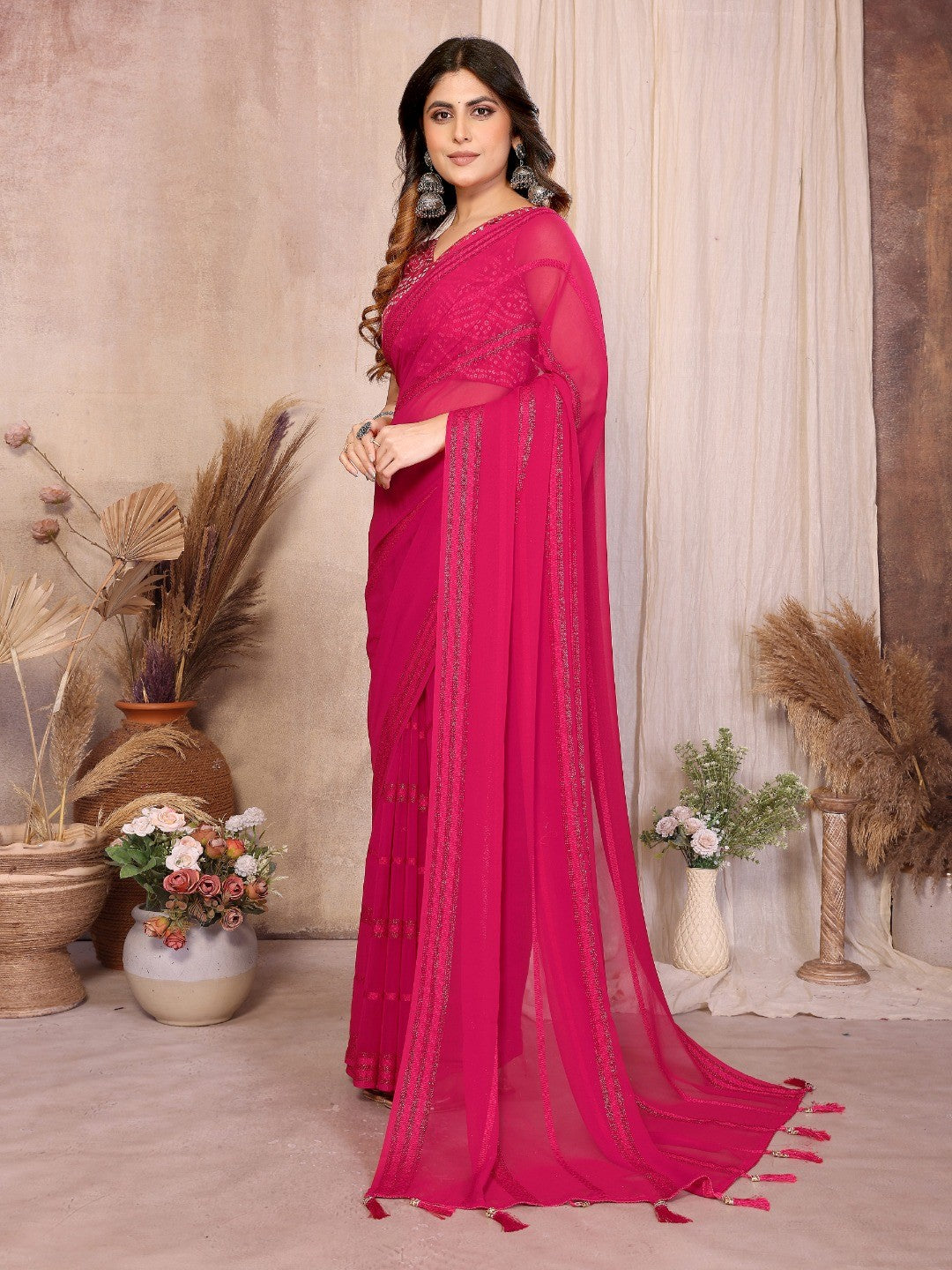Elegant Pink Zari Striped Weaving Georgette Saree Highlighted With Tassel Pallu - Image 4