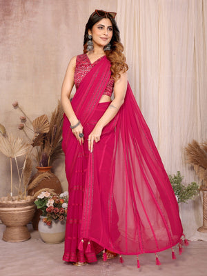 Elegant Pink Zari Striped Weaving Georgette Saree Highlighted With Tassel Pallu - Image 2