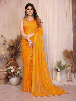 Elegant Mustard Zari Striped Weaving Georgette Saree Highlighted With Tassel Pallu - Image 1