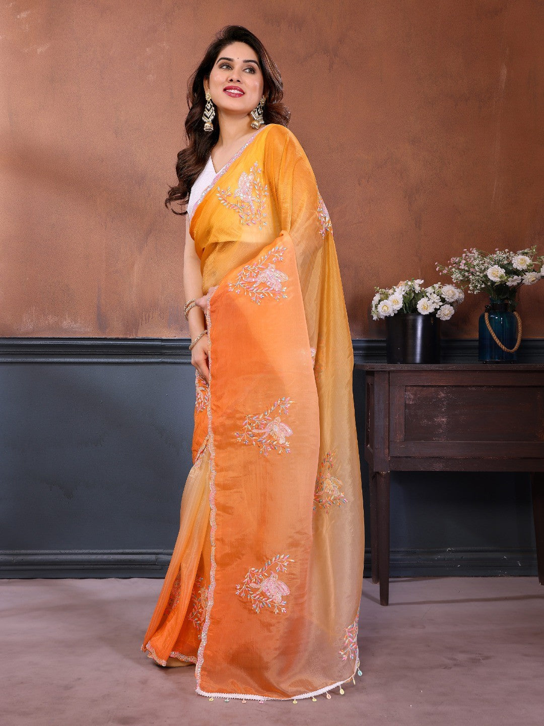 Orange & Yellow Ombre Georgette Silk Saree With Artistic Bird Motif Sequins Embroidery Work - Image 5