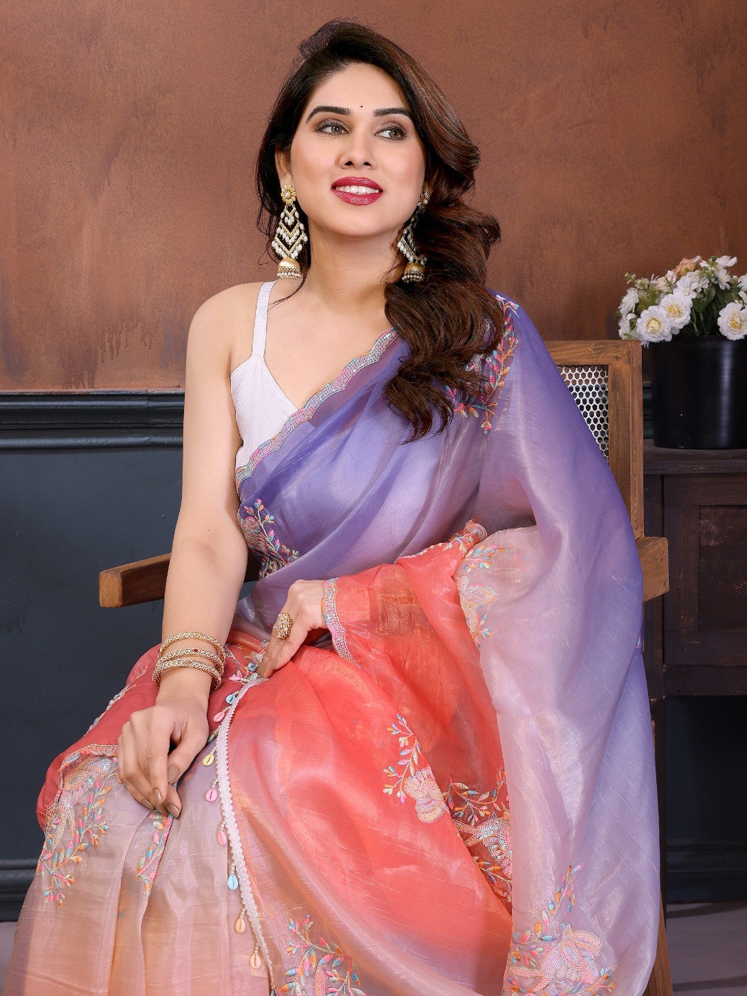 Peach & Lavender Ombre Georgette Silk Saree With Artistic Bird Motif Sequins Embroidery Work - Image 3