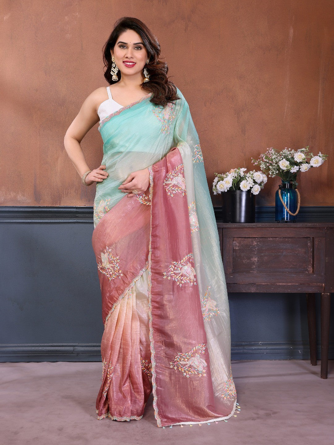Turquoise & Wine Ombre Georgette Silk Saree With Artistic Bird Motif Sequins Embroidery Work - Image 1