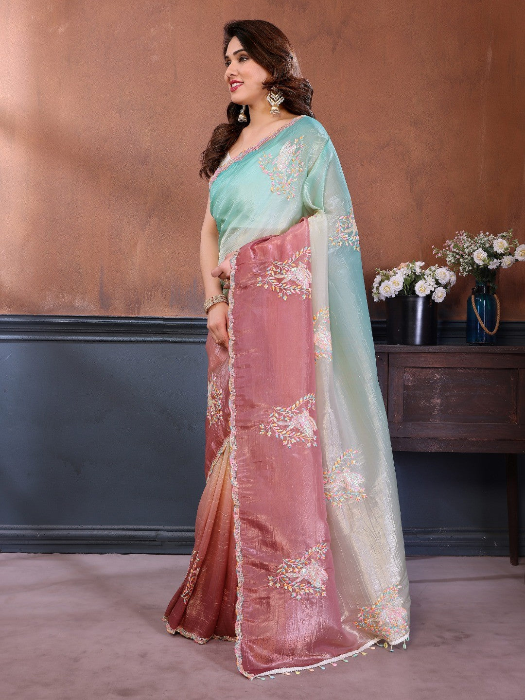 Turquoise & Wine Ombre Georgette Silk Saree With Artistic Bird Motif Sequins Embroidery Work - Image 5