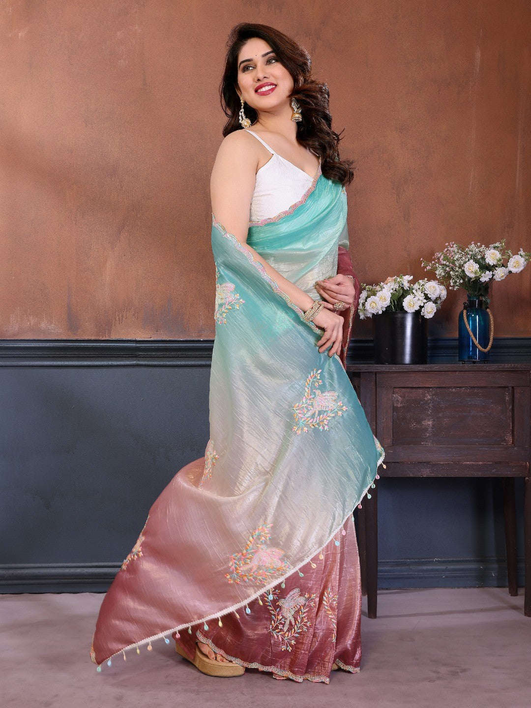 Turquoise & Wine Ombre Georgette Silk Saree With Artistic Bird Motif Sequins Embroidery Work - Image 4