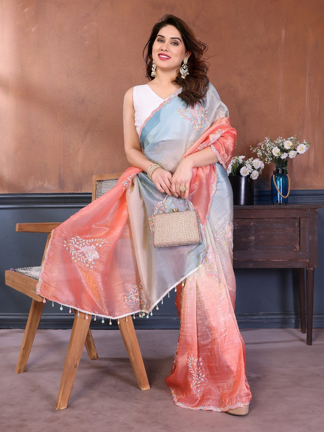 Blue & Peach Ombre Georgette Silk Saree With Artistic Bird Motif Sequins Embroidery Work - Image 4