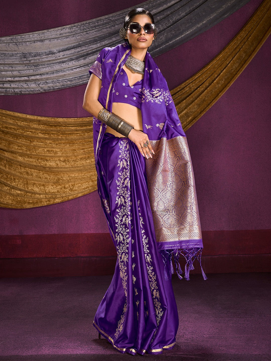 Majestic Royal Purple Floral Weaving Work Satin Saree Featuring Designer Tassels Pallu - Image 5