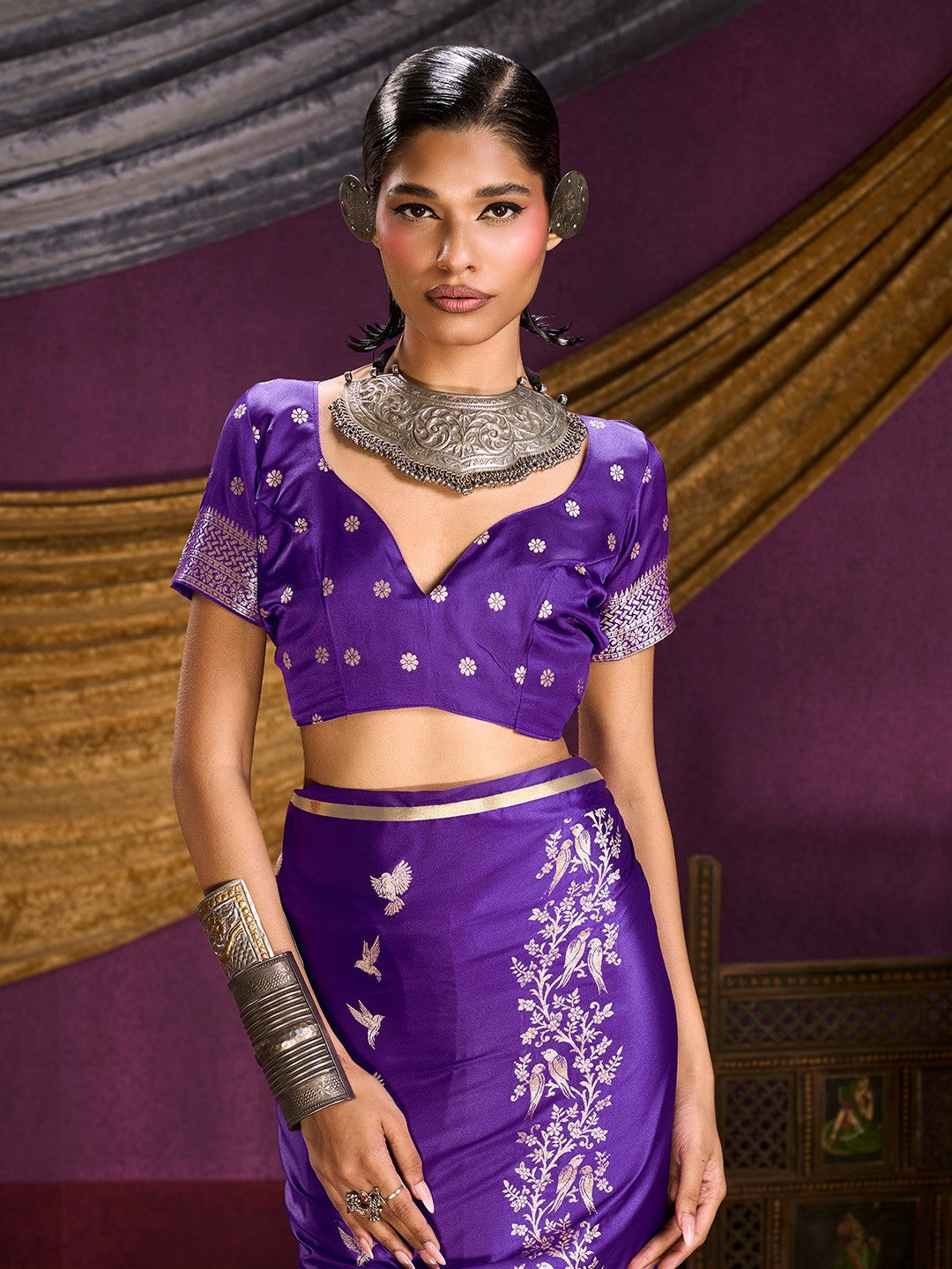 Majestic Royal Purple Floral Weaving Work Satin Saree Featuring Designer Tassels Pallu - Image 2