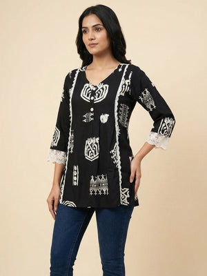 Black Rayon Top with Abstract Print and Lace Detail - Image 2