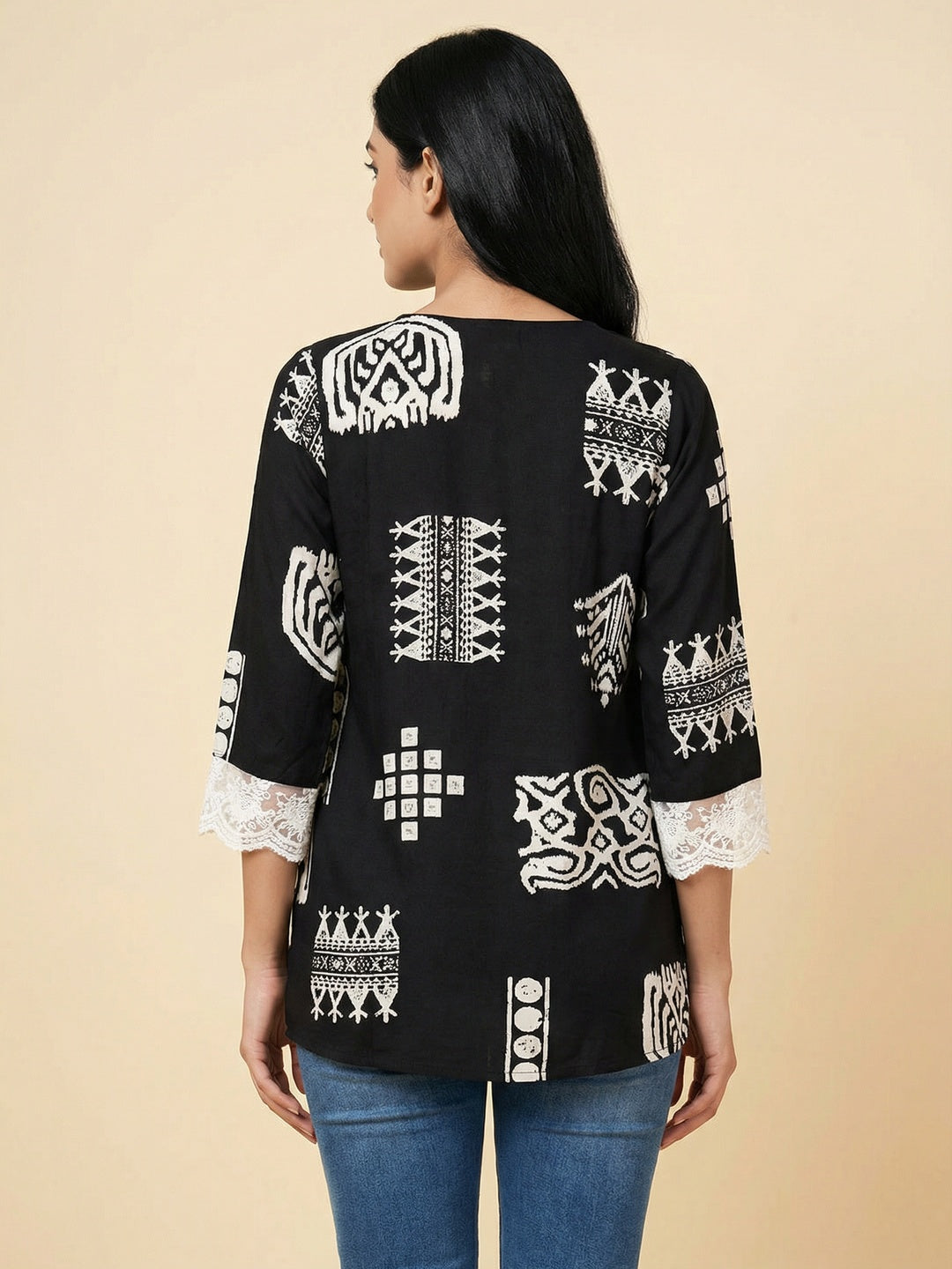 Black Rayon Top with Abstract Print and Lace Detail - Image 3