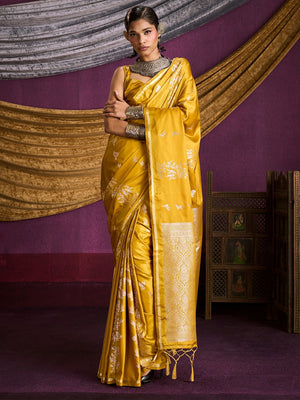 Majestic Mustard Floral Weaving Work Satin Saree Featuring Designer Tassels Pallu - Image 1