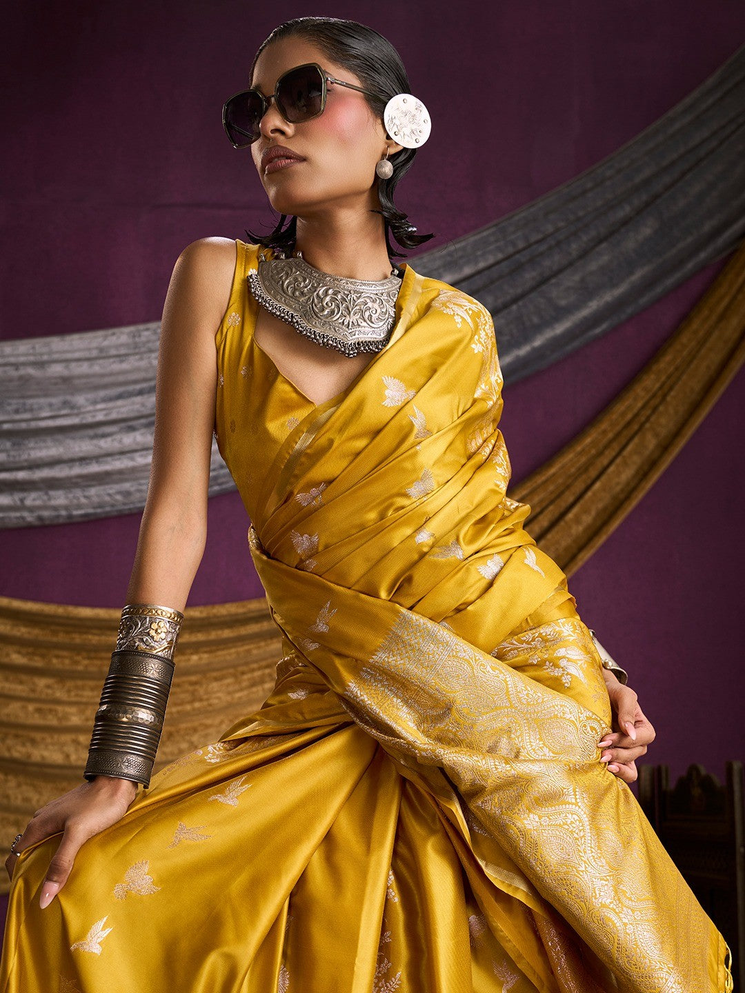 Majestic Mustard Floral Weaving Work Satin Saree Featuring Designer Tassels Pallu - Image 3