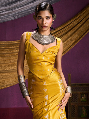 Majestic Mustard Floral Weaving Work Satin Saree Featuring Designer Tassels Pallu - Image 2