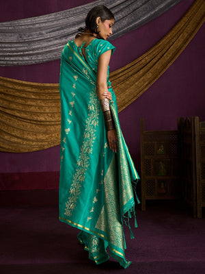 Majestic Rama Green Floral Weaving Work Satin Saree Featuring Designer Tassels Pallu - Image 2