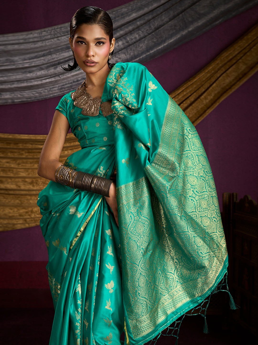 Majestic Rama Green Floral Weaving Work Satin Saree Featuring Designer Tassels Pallu - Image 4
