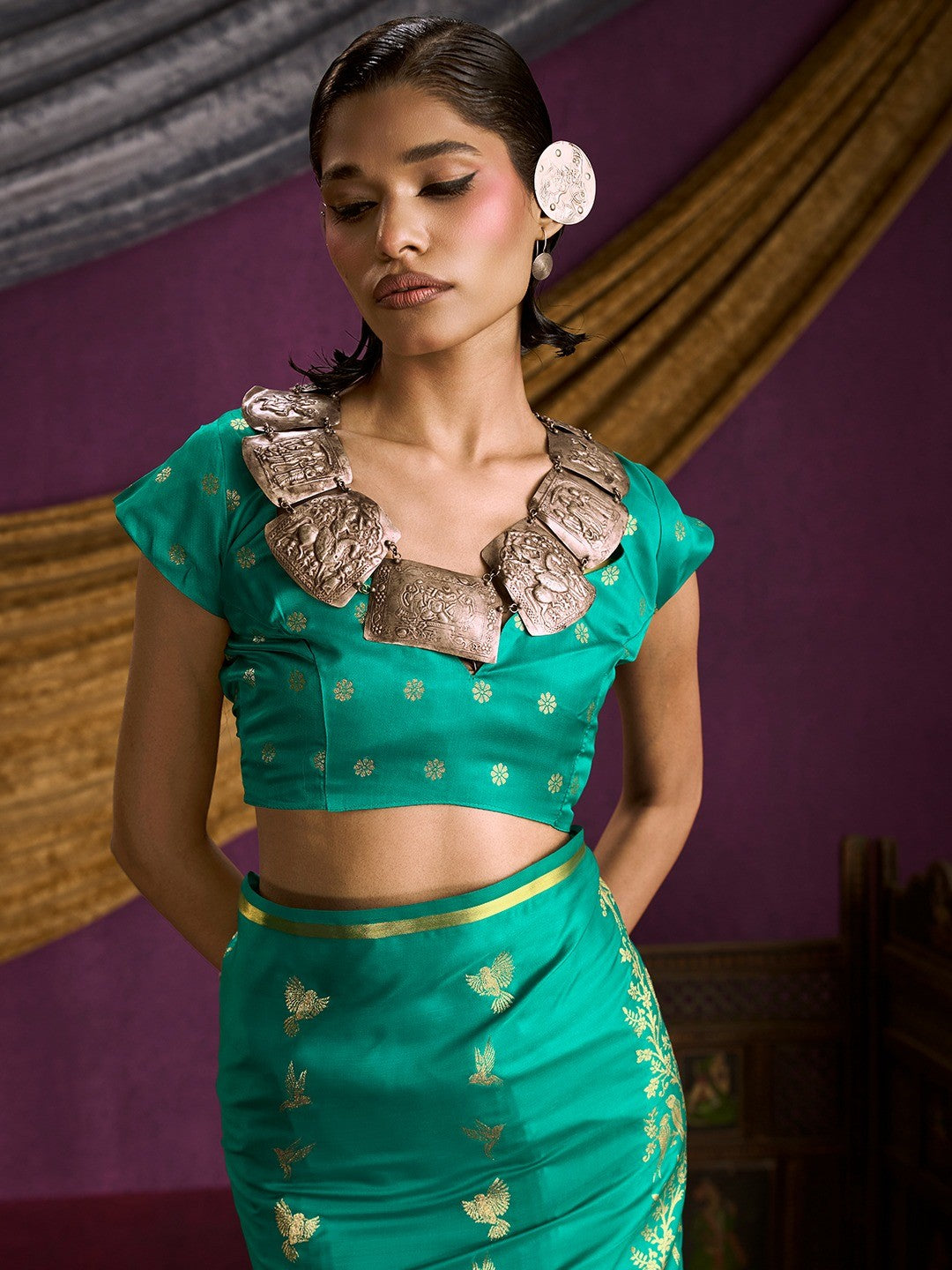 Majestic Rama Green Floral Weaving Work Satin Saree Featuring Designer Tassels Pallu - Image 3