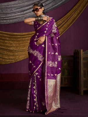 Majestic Wine Floral Weaving Work Satin Saree Featuring Designer Tassels Pallu - Image 1