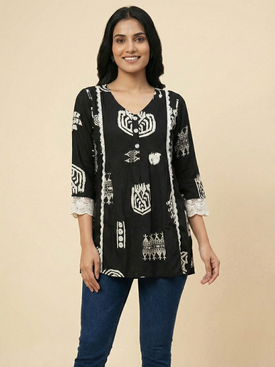Black Rayon Top with Abstract Print and Lace Detail - Image 1