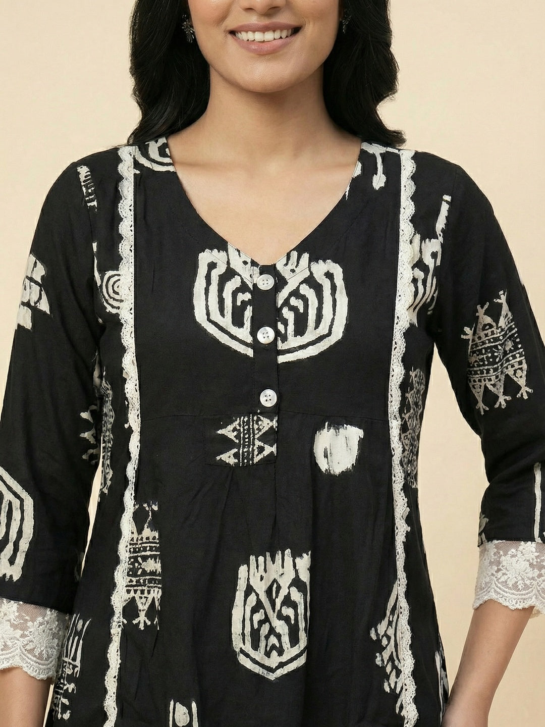 Black Rayon Top with Abstract Print and Lace Detail - Image 4