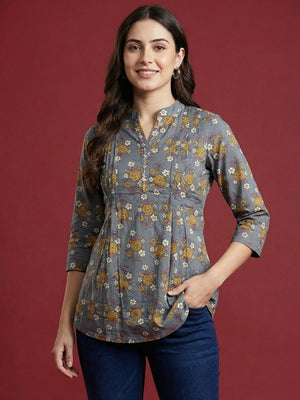 Grey Floral Printed Pure Cotton A-Line Top with Breathable Comfortable Fabric - Image 1