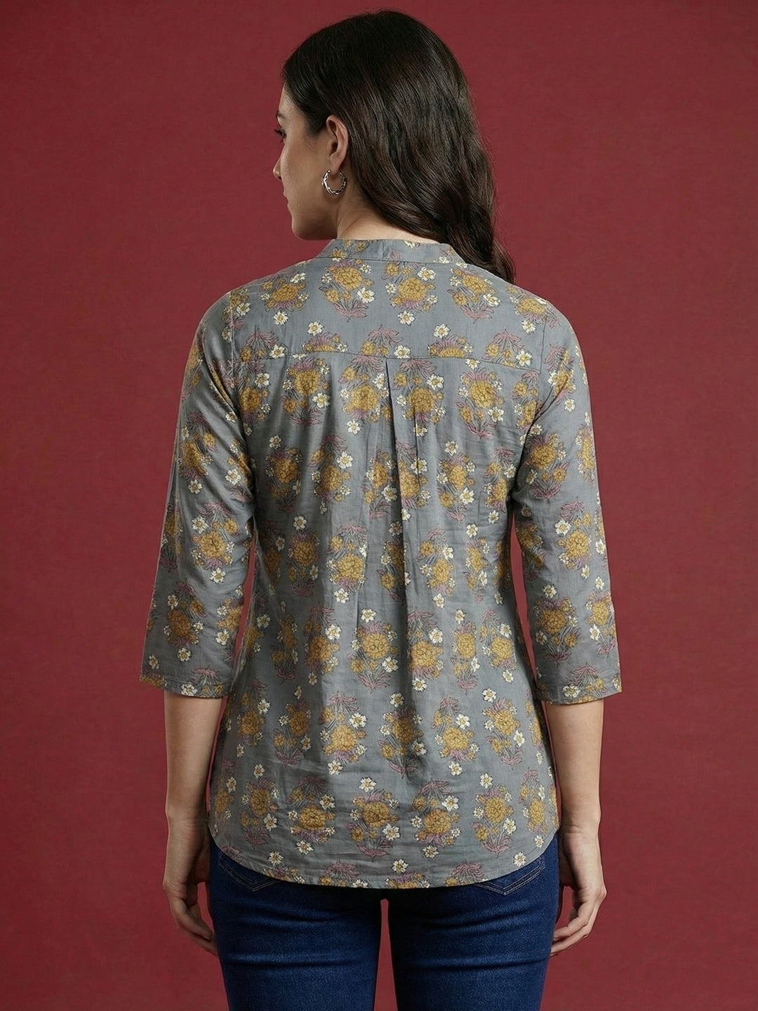 Grey Floral Printed Pure Cotton A-Line Top with Breathable Comfortable Fabric - Image 3