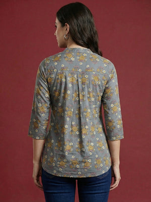 Grey Floral Printed Pure Cotton A-Line Top with Breathable Comfortable Fabric - Image 2