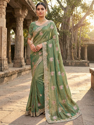 Green Shimmer Saree with Embroidered Floral Design and Detailed Craft Finish - Image 1